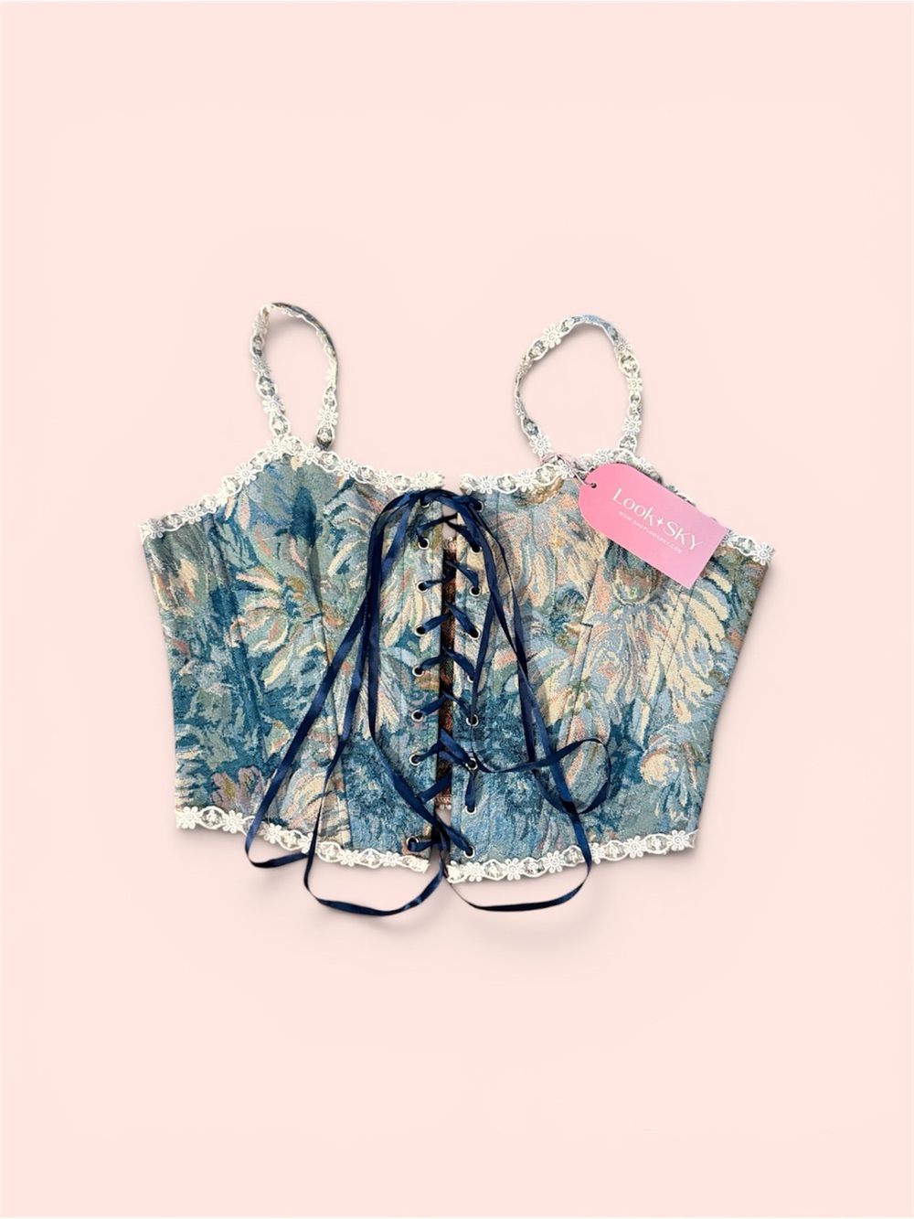 Sky Blue Floral Lace-Trimmed Corset Top with Navy Ribbon